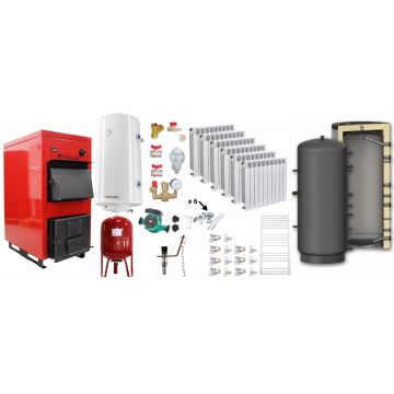 Pachet Centrala pe combustibil solid Fiama D2-40 Putere 46 kW, cu Ventilator si Automatizare, Puffer 1000 litri, Calorifere Aluminiu Fornello Alvo, Boiler Termoelectric, Pompa, Vas Expansiune si Fitinguri