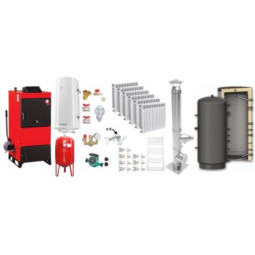 Pachet Centrala pe combustibil solid Fiama D2-40 Putere 46 kW, cu Ventilator si Automatizare, Puffer 1000 litri, Cos inox, Calorifere Aluminiu Fornello Alvo, Boiler Termoelectric, Pompa, Vas Expansiune si Fitinguri