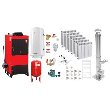 Pachet Centrala pe combustibil solid Fiama D2-60 Putere 70 kW, cu Ventilator si Automatizare, Cos Inox, Calorifere aluminiu Fornello Alvo, Boiler Termoelectric, Pompa, Vas Expansiune si Fitinguri