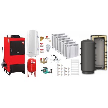 Pachet Centrala pe combustibil solid Fiama D2-60 Putere 70 kW, cu Ventilator si Automatizare, Puffer 1000 litri, Calorifere aluminiu Fornello Alvo, Boiler Termoelectric, Pompa, Vas Expansiune si Fitinguri