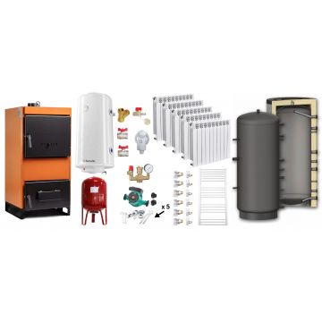 Pachet Centrala pe combustibil solid Fiama W 25 kW, Puffer 800 litri, Calorifere aluminiu Fornello Alvo, Boiler Termoelectric, Vas Expansune, Pompa si Fitinguri Montaj