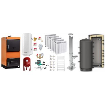 Pachet Centrala pe combustibil solid Fiama W 25 kW, Puffer 800 litri, Cos Inox, Calorifere aluminiu Fornello Alvo, Boiler Termoelectric, Vas Expansune, Pompa si Fitinguri Montaj