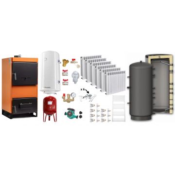 Pachet Centrala pe combustibil solid Fiama W 35 kW, Puffer 1000 litri, Calorifere aluminiu Fornello Alvo, Boiler Termoelectric, Vas Expansune, Pompa si Fitinguri Montaj