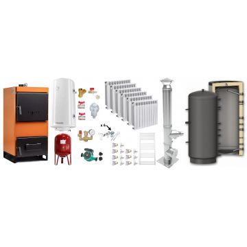 Pachet Centrala pe combustibil solid Fiama W 35 kW, Puffer 1000 litri, Cos inox, Calorifere aluminiu Fornello Alvo, Boiler Termoelectric, Vas Expansune, Pompa si Fitinguri Montaj