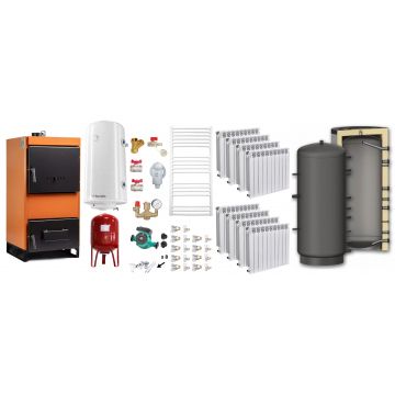 Pachet Centrala pe combustibil solid Fiama W 45 kW, Puffer 1000 litri, Calorifere aluminiu Fornello Alvo, Boiler Termoelectric, Vas Expansune, Pompa si Fitinguri Montaj