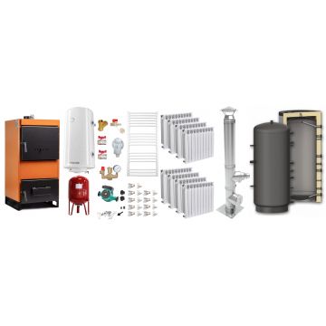 Pachet Centrala pe combustibil solid Fiama W 45 kW, Puffer 1000 litri, Cos inox, Calorifere aluminiu Fornello Alvo, Boiler Termoelectric, Vas Expansune, Pompa si Fitinguri Montaj