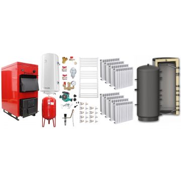 Pachet Centrala pe combustibil solid Fornello Eco Energy WB 50 kW, Puffer 1000 litri, Calorifere Aluminiu Fornello Alvo, Boiler Termoelectric, Vas Expansune, Pompa si Fitinguri Montaj