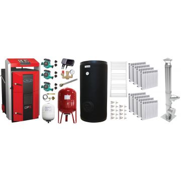 Pachet premium Cazan (centrala) pe combustibil solid, Attack DPX Standard cu gazeificare, 45 kW, calorifere aluminiu Fornello Alvo, cos inox, boiler de sol cu rezistenta, 2 x vas expansiune, 3 x pompe circulare, controller pompa, grup siguranta si va