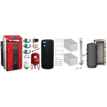 Pachet premium Cazan (centrala) pe combustibil solid, Attack DPX Standard cu gazeificare, 45 kW, Puffer 1000 litri, calorifere aluminiu Fornello Alvo, cos inox, boiler, 2 x vas expansiune, 3 x pompe circulare, controller pompa, grup siguranta si vana