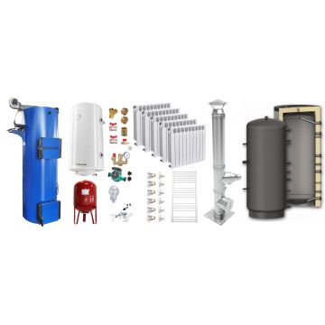 Pachet Cazan (centrala) pe combustibil solid tip lumanare Fornello Turbo 25 kW, Puffer 800 litri, Cos Inox, Calorifere Aluminiu Fornello Alvo, Boiler, Vas Expansiune, Pompa, Fitinguri Montaj