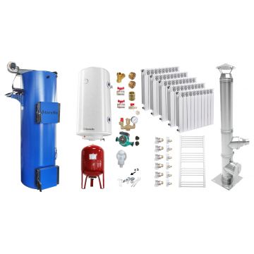 Pachet Cazan (centrala) pe combustibil solid tip lumanare Fornello Turbo 35 kW, Cos Inox, Calorifere Aluminiu Fornello Alvo, Boiler, Vas Expansiune, Pompa, Fitinguri Montaj