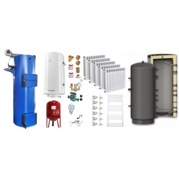 Pachet Cazan (centrala) pe combustibil solid tip lumanare Fornello Turbo 35 kW, Puffer 800 litri, Calorifere Aluminiu Fornello Alvo, Boiler, Vas Expansiune, Pompa, Fitinguri Montaj