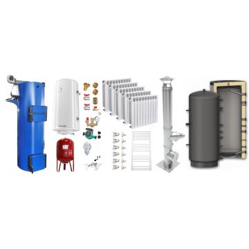 Pachet Cazan (centrala) pe combustibil solid tip lumanare Fornello Turbo 35 kW, Puffer 800 litri, Cos Inox, Calorifere Aluminiu Fornello Alvo, Boiler, Vas Expansiune, Pompa, Fitinguri Montaj