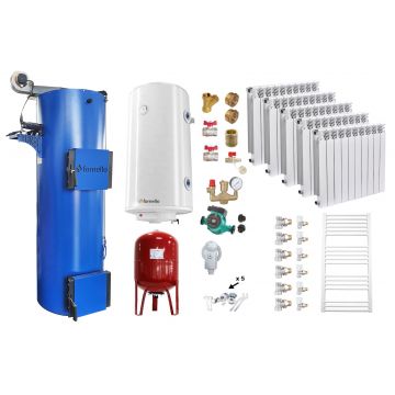 Pachet Cazan (centrala) pe combustibil solid, tip lumanare Fornello Turbo 50 kW, Calorifere Aluminiu Fornello Alvo, Boiler, Vas Expansiune, Pompa, Fitinguri Montaj