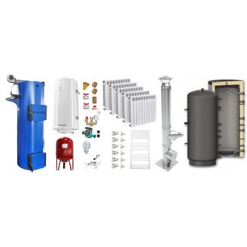 Pachet Cazan (centrala) pe combustibil solid tip lumanare Fornello Turbo 50 kW, Puffer 800 litri, Cos Inox, Calorifere Aluminiu Fornello Alvo, Boiler, Vas Expansiune, Pompa, Fitinguri Montaj