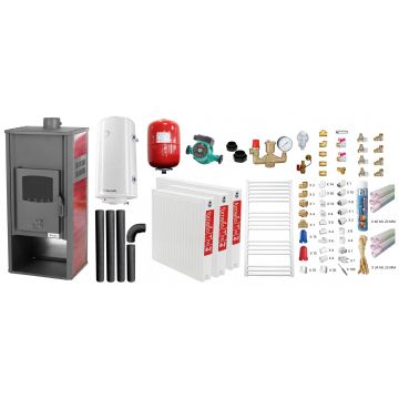 Pachet incalzire si apa calda pentru 2 camere Termosemineu pe lemne, brichete si carbune Fornello Roma E, 22 kW, 49x45x103 cm, teava PPR cu fitinguri, boiler termoelectric 100l, vas expansiune, pompa circulatie, kit evacuare, calorifere si kit montaj