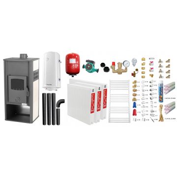 Pachet incalzire si apa calda pentru 2 camere Termosemineu pe lemne, brichete si carbune Fornello Roma E, Ivory, 22 kW, 49x45x103 cm, teava PPR si fitinguri, boiler termoelectric 100l, vas expansiune, pompa circulatie, kit evacuare, calorifere si kit