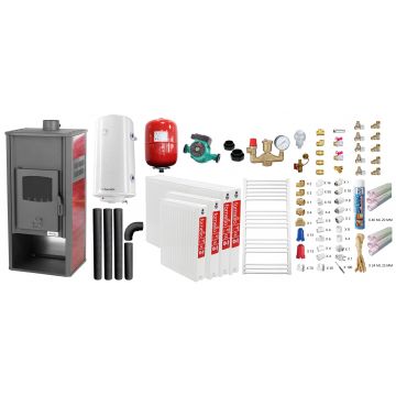 Pachet incalzire si apa calda pentru 3 camere Termosemineu pe lemne, brichete si carbune Fornello Roma E, Bordeaux, 22 kW, 49x45x103 cm, teava PPR si fitinguri, boiler termoelectric 100l, vas expansiune, pompa circulatie, kit evacuare, calorifere si