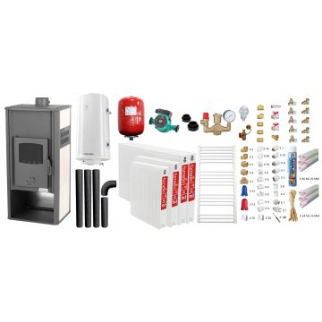 Pachet incalzire si apa calda pentru 3 camere Termosemineu pe lemne, brichete si carbune Fornello Roma E, Ivory, 22 kW, 49x45x103 cm, teava PPR si fitinguri, boiler termoelectric 100l, vas expansiune, pompa circulatie, kit evacuare, calorifere si kit