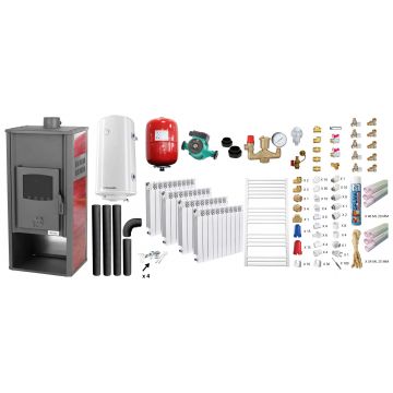 Pachet incalzire si apa calda Termosemineu pe lemne, brichete si carbune Fornello Roma E, Bordeaux, 22 kW, calorifere aluminiu Fornello Alvo, teava PPR si fitinguri, boiler termoelectric 100l, vas expansiune, pompa circulatie, kit evacuare kit montaj