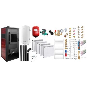 Pachet incalzire si apa calda Termosemineu pe lemne, brichete si carbune Fornello Roma E, Bordeaux, 22 kW, calorifere aluminiu Fornello Alvo, teava PPR si fitinguri, boiler termoelectric 100l, vas expansiune, pompa circulatie, kit evacuare kit montaj