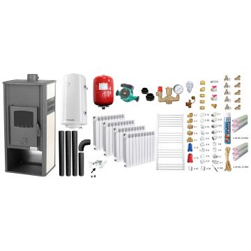 Pachet incalzire si apa calda Termosemineu pe lemne, brichete si carbune Fornello Roma E, Ivory, 22 kW, calorifere aluminiu Fornello Alvo, teava PPR si fitinguri, boiler termoelectric 100l, vas expansiune, pompa circulatie, kit evacuare kit montaj