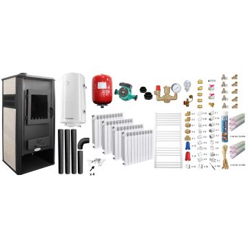 Pachet incalzire si apa calda Termosemineu pe lemne, brichete si carbune Fornello Roma E, Ivory, 22 kW, calorifere aluminiu Fornello Alvo, teava PPR si fitinguri, boiler termoelectric 100l, vas expansiune, pompa circulatie, kit evacuare kit montaj
