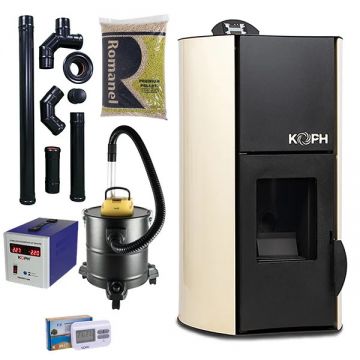 Pachet termosemineu cu peleti KOPH PM 18 kW, buncar 15 kg, pompa recirculare si vas expansiune incorporate, Crem