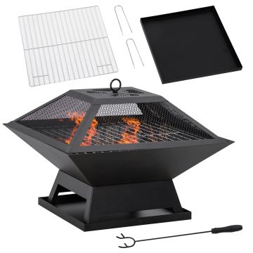 Outsunny Grătar 45 x 45 x 34cm din oțel inoxidabil cu protectie împotriva scânteilor și cârlig pentru grătar pentru grădină, balcon, BBQ camping negru | Aosom Romania