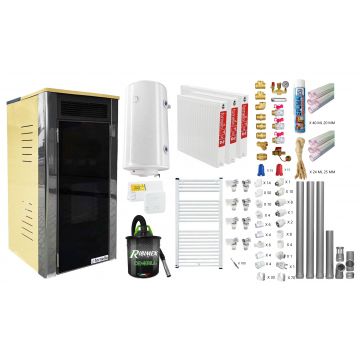 Pachet 2 camere, termoșemineu Fornello Primo Truva 25 kW Ivory, pompa de circulatie, vas de expansiune, supape de siguranta, curatare mecanica creuzet, Boiler, kit evacuare, Termostat, Aspirator, Fitinguri si teava PPR