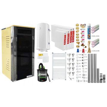 Pachet 3 camere, termoșemineu Fornello Primo Truva 25 kW Ivory, pompa de circulatie, vas de expansiune, supape de siguranta, curatare mecanica creuzet, Boiler, kit evacuare, Termostat, Aspirator, Fitinguri si teava PPR