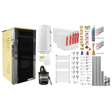 Pachet 4 camere, termoșemineu Fornello Primo Truva 25 kW Ivory, pompa de circulatie, vas de expansiune, supape de siguranta, curatare mecanica creuzet, Boiler, kit evacuare, Termostat, Aspirator, Fitinguri si teava PPR