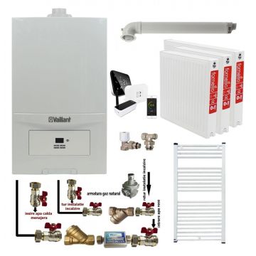 Pachet apartament cu 2 camere, Centrala termica in condensatie Vaillant ecoTEC Pure VUW 236/7-2, 23 kw, murala, afisaj digital, schimbator caldura inox, kit de evacuare, calorifere otel, termostat Salus IT 500 si fitinguri montaj
