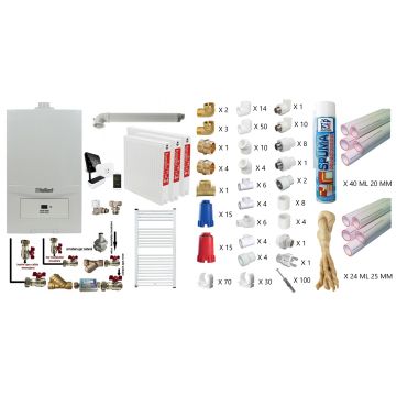 Pachet apartament cu 2 camere, Centrala termica in condensatie Vaillant ecoTEC Pure VUW 236/7-2, 23 kw, murala, afisaj digital, schimbator caldura inox, kit de evacuare, calorifere otel, termostat Salus IT 500, teava PPR si fitinguri montaj
