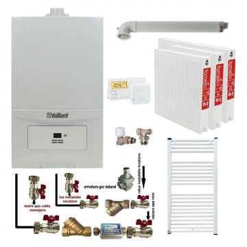 Pachet apartament cu 2 camere, Centrala termica in condensatie Vaillant ecoTEC Pure VUW 236/7-2, 23 kw, murala, afisaj digital, schimbator caldura inox, kit de evacuare, calorifere otel, termostat si fitinguri montaj