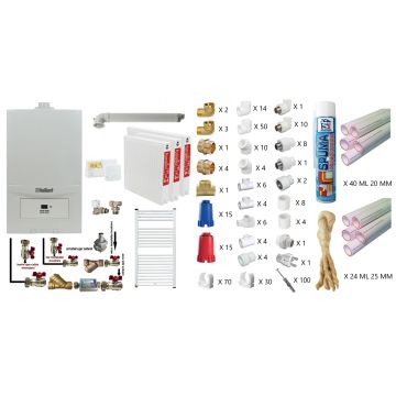 Pachet apartament cu 2 camere, Centrala termica in condensatie Vaillant ecoTEC Pure VUW 236/7-2, 23 kw, murala, afisaj digital, schimbator caldura inox, kit de evacuare, calorifere otel, termostat, teava PPR si fitinguri montaj