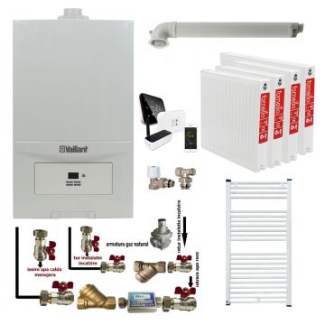 Pachet apartament cu 3 camere, Centrala termica in condensatie Vaillant ecoTEC Pure VUW 236/7-2, 23 kw, murala, afisaj digital, schimbator caldura inox, kit de evacuare, calorifere otel, termostat Salus IT 500 si fitinguri montaj