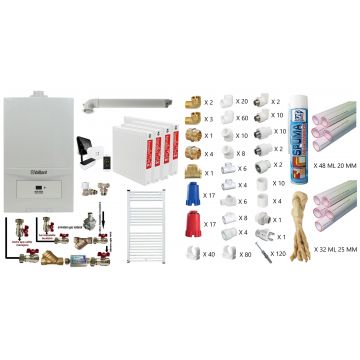 Pachet apartament cu 3 camere, Centrala termica in condensatie Vaillant ecoTEC Pure VUW 236/7-2, 23 kw, murala, afisaj digital, schimbator caldura inox, kit de evacuare, calorifere otel, termostat Salus IT 500, teava PPR si fitinguri montaj