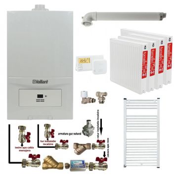 Pachet apartament cu 3 camere, Centrala termica in condensatie Vaillant ecoTEC Pure VUW 236/7-2, 23 kw, murala, afisaj digital, schimbator caldura inox, kit de evacuare, calorifere otel, termostat si fitinguri montaj
