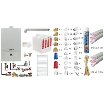 Pachet apartament cu 3 camere, Centrala termica in condensatie Vaillant ecoTEC Pure VUW 236/7-2, 23 kw, murala, afisaj digital, schimbator caldura inox, kit de evacuare, calorifere otel, termostat, teava PPR si fitinguri montaj