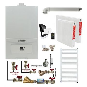 Pachet apartament cu o camera, Centrala termica in condensatie Vaillant ecoTEC Pure VUW 236/7-2, 23 kw, murala, afisaj digital, schimbator caldura inox, kit de evacuare, calorifere otel, termostat Salus IT 500 si fitinguri montaj