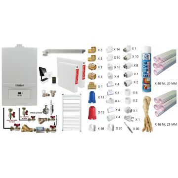 Pachet apartament cu o camera, Centrala termica in condensatie Vaillant ecoTEC Pure VUW 236/7-2, 23 kw, murala, afisaj digital, schimbator caldura inox, kit de evacuare, calorifere otel, termostat Salus IT 500, teava PPR si fitinguri montaj