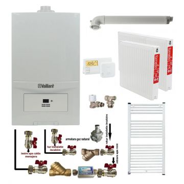 Pachet apartament cu o camera, Centrala termica in condensatie Vaillant ecoTEC Pure VUW 236/7-2, 23 kw, murala, afisaj digital, schimbator caldura inox, kit de evacuare, calorifere otel, termostat si fitinguri montaj
