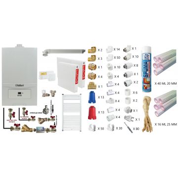 Pachet apartament cu o camera, Centrala termica in condensatie Vaillant ecoTEC Pure VUW 236/7-2, 23 kw, murala, afisaj digital, schimbator caldura inox, kit de evacuare, calorifere otel, termostat, teava PPR si fitinguri montaj