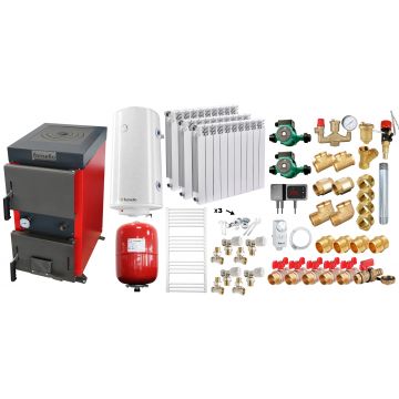 Pachet Cazan (centrala) cu plita pe combustibil solid (lemn, carbune, brichete), Fornello Rustic KP 12 kW, Calorifere aluminiu, Pompe, Boiler, Vas expansiune, Fitinguri montaj
