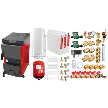 Pachet Cazan (centrala) cu plita pe combustibil solid (lemn, carbune, brichete), Fornello Rustic KP 12 kW, Calorifere otel, Pompe, Boiler, Vas expansiune, Fitinguri montaj