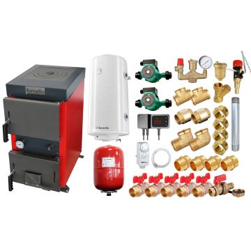 Pachet Cazan (centrala) cu plita pe combustibil solid (lemn, carbune, brichete), Fornello Rustic KP 12 kW, Pompe, Boiler, Vas expansiune, Fitinguri montaj