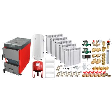 Pachet Cazan (centrala) cu plita pe combustibil solid (lemn, carbune, brichete), Fornello Rustic KP 20 kW, Calorifere aluminiu, Pompe, Boiler, Vas expansiune, Fitinguri montaj