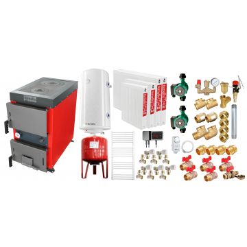 Pachet Cazan (centrala) cu plita pe combustibil solid (lemn, carbune, brichete), Fornello Rustic KP 20 kW, Calorifere otel, Pompe, Boiler, Vas expansiune, Fitinguri montaj