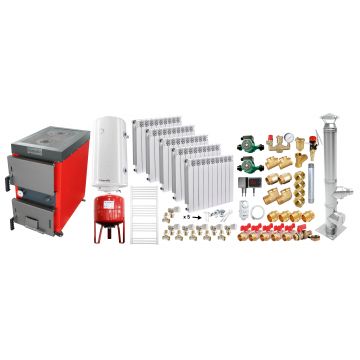 Pachet Cazan (centrala) cu plita pe combustibil solid (lemn, carbune, brichete), Fornello Rustic KP 20 kW, Cos inox, Calorifere aluminiu, Pompe, Boiler, Vas expansiune, Fitinguri montaj